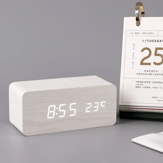 Wooden LED Alarm Clock with Wireless Charging
