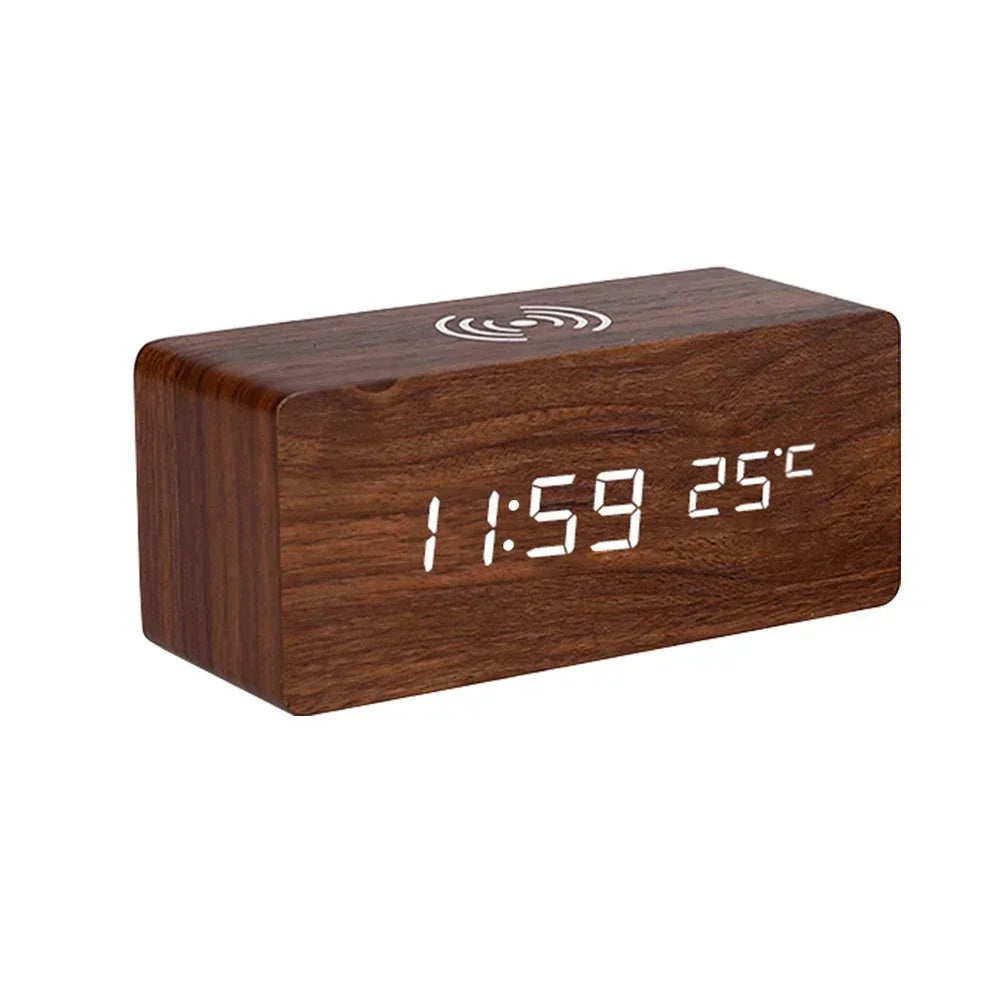 Wooden LED Alarm Clock with Wireless Charging
