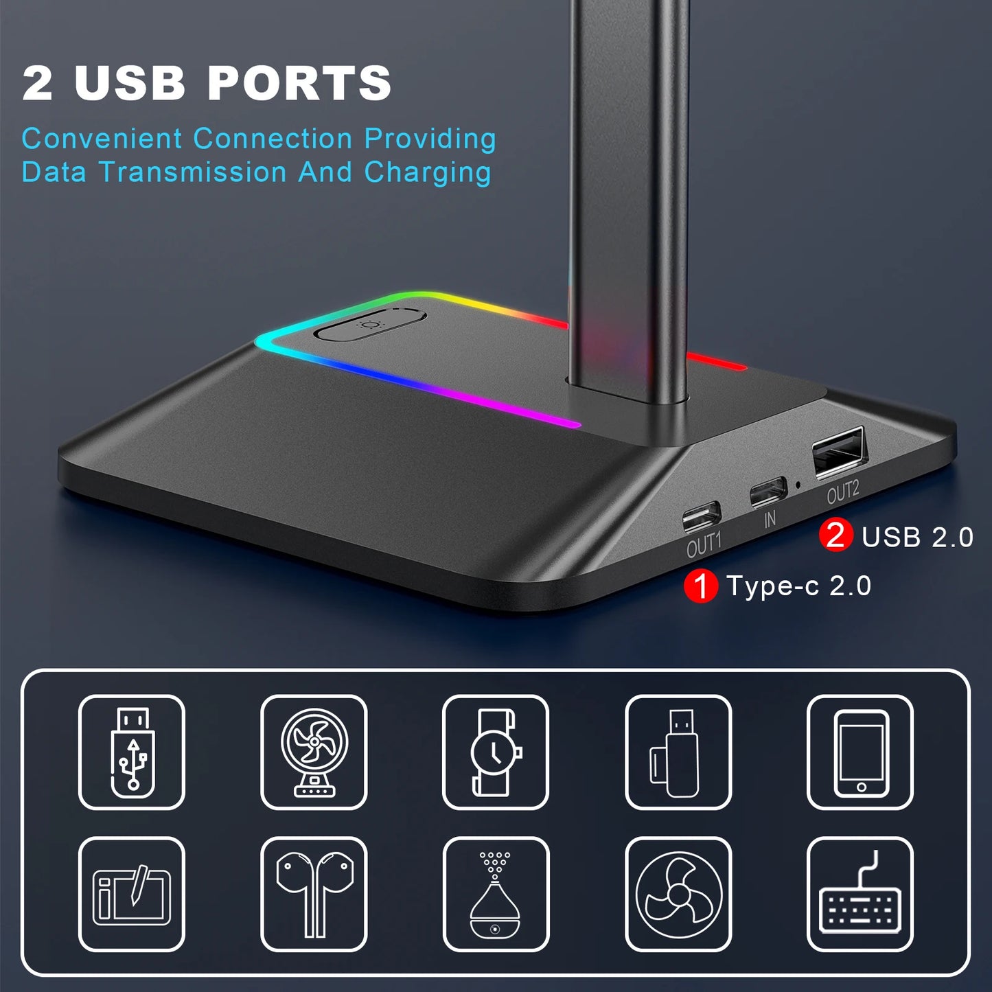 RGB Gaming Headphone Stand with USB Ports