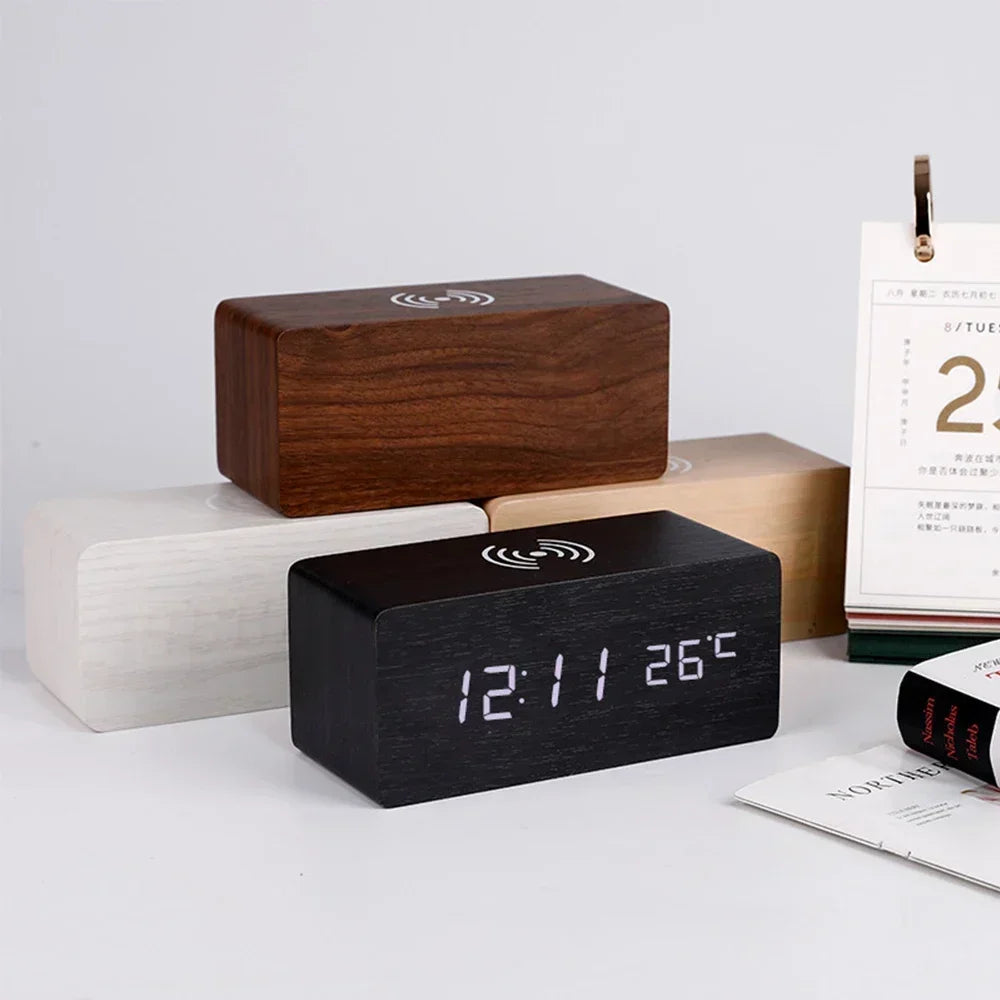 Wooden LED Alarm Clock with Wireless Charging