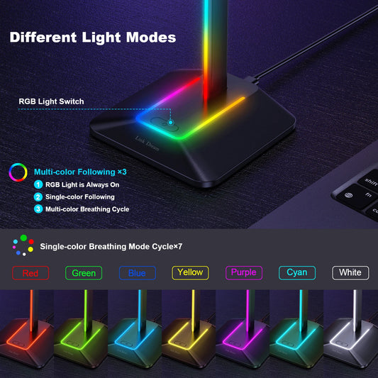 RGB Gaming Headphone Stand with USB Ports