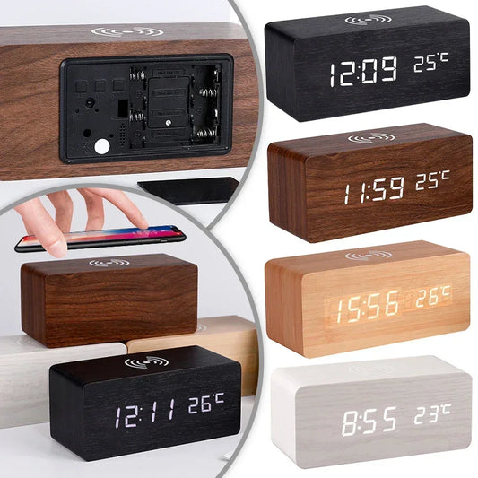 Wooden LED Alarm Clock with Wireless Charging