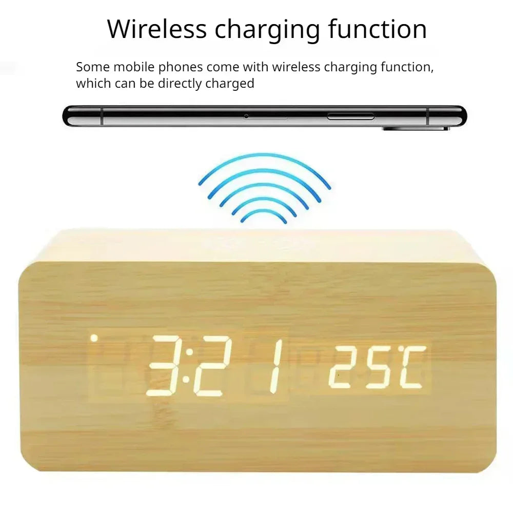 Wooden LED Alarm Clock with Wireless Charging