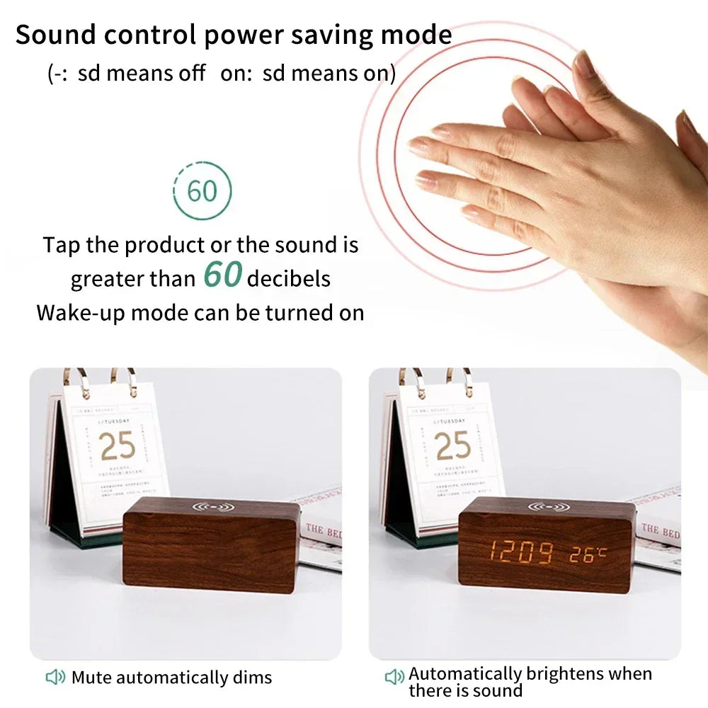 Wooden LED Alarm Clock with Wireless Charging